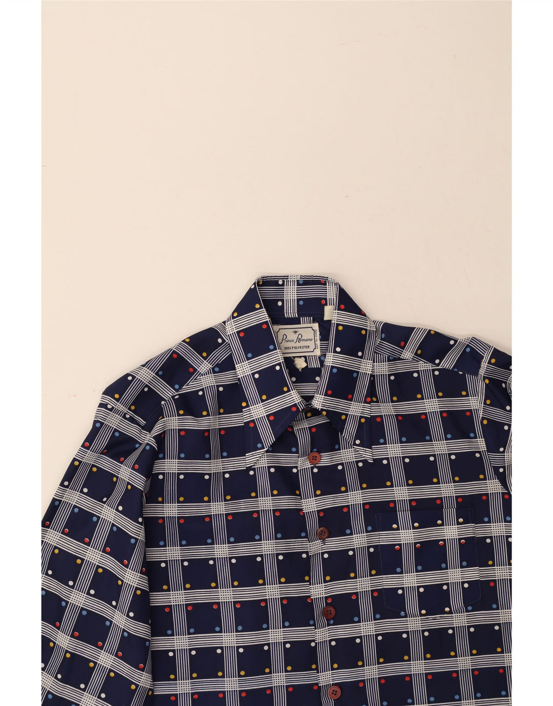 PRINCE ROMANO Mens Abstract Pattern Shirt Large Navy Blue Polyester Vintage Prince Romano and Second-Hand Prince Romano from Messina Hembry 