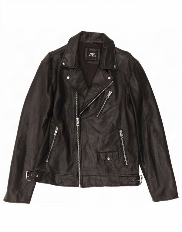 Zara Hombre Chaqueta Motera De Piel Sintética UK 42 XL Poliuretano Negro
