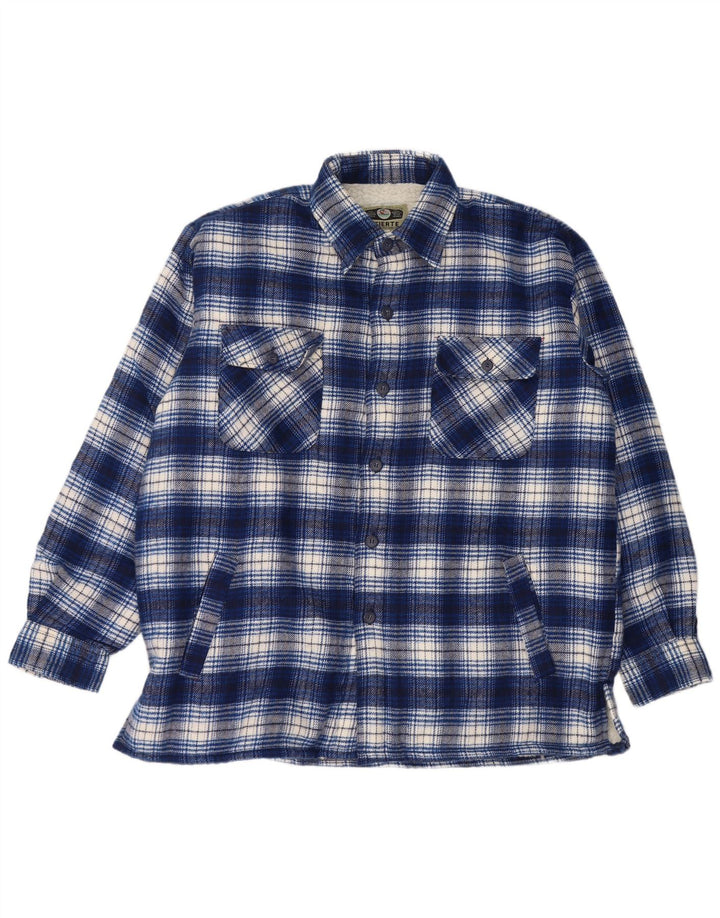Vintage hombres leñador franela camisa grande azul cheque acrílico