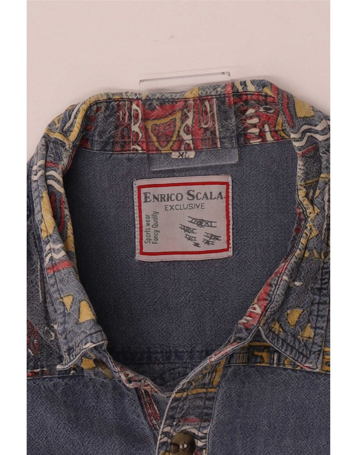 Camisa de manga corta vintage para hombre XL Azul Patchwork Retro