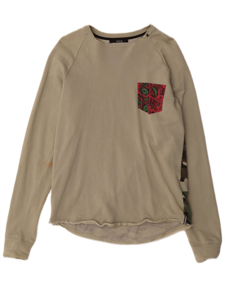 Replay Hombre Sudadera Gráfica Jumper Medium Khaki Camuflaje Algodón