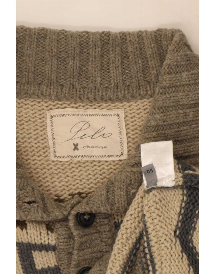 Vintage hombres botón cuello jersey suéter IT 50 gris medio Fair Isle