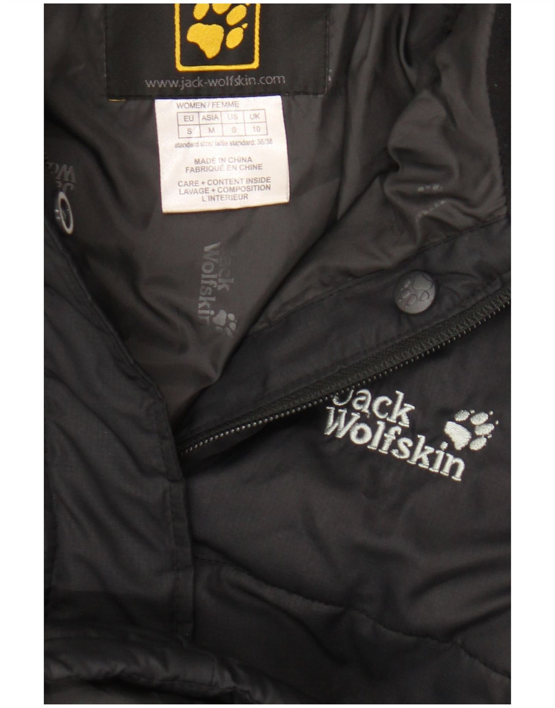 Jack Wolfskin Abrigo acolchado con capucha para mujer UK 10 Small Poliéster negro