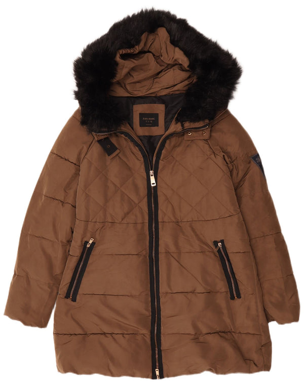 Zara Mujer Abrigo Acolchado Con Capucha UK 46 Grande Poliéster Marrón