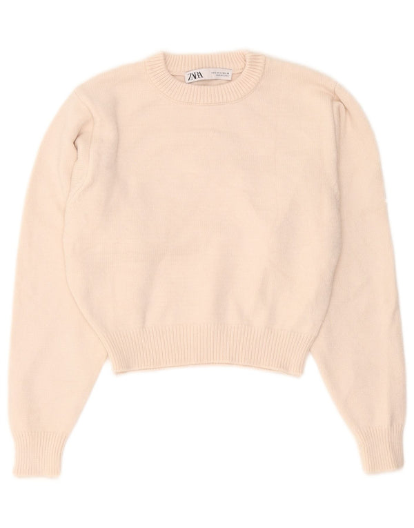 Zara Mujer Crop Crew Neck Jumper Sweater UK 10 Small Beige Viscosa