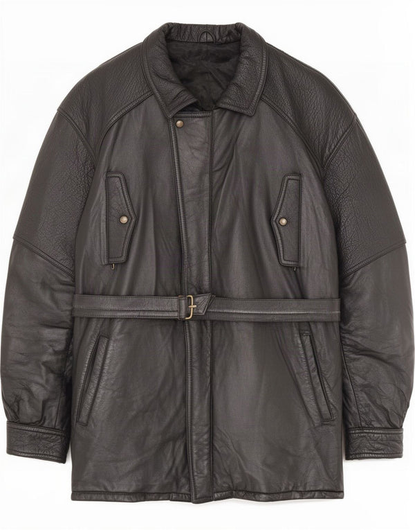 Abrigo de cuero vintage para hombre IT 54 2XL Negro