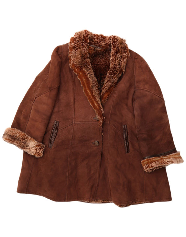 Vintage mujer shearling abrigo Reino Unido 18 XL Marrón