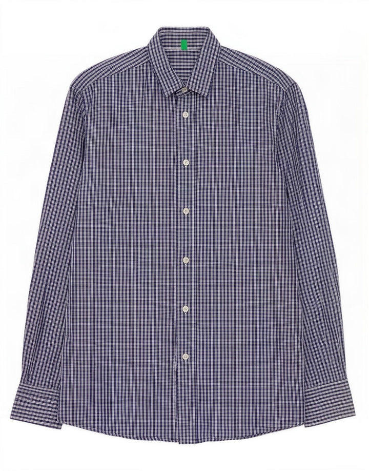 Camisa Benetton Hombre De Algodón A Cuadros Azul Medio