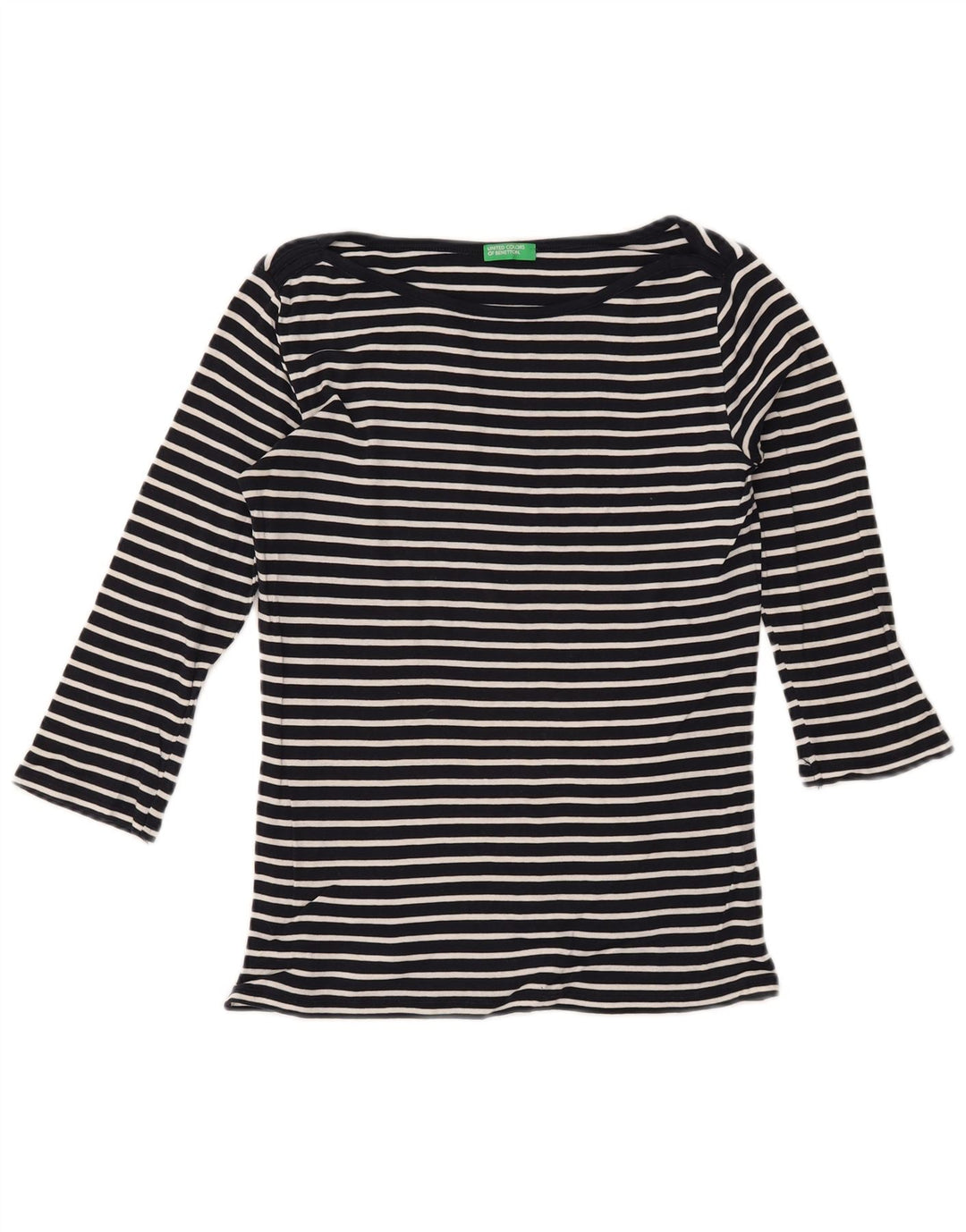 BENETTON Top para mujer manga 3/4 UK 10 Small Algodón a rayas azul marino
