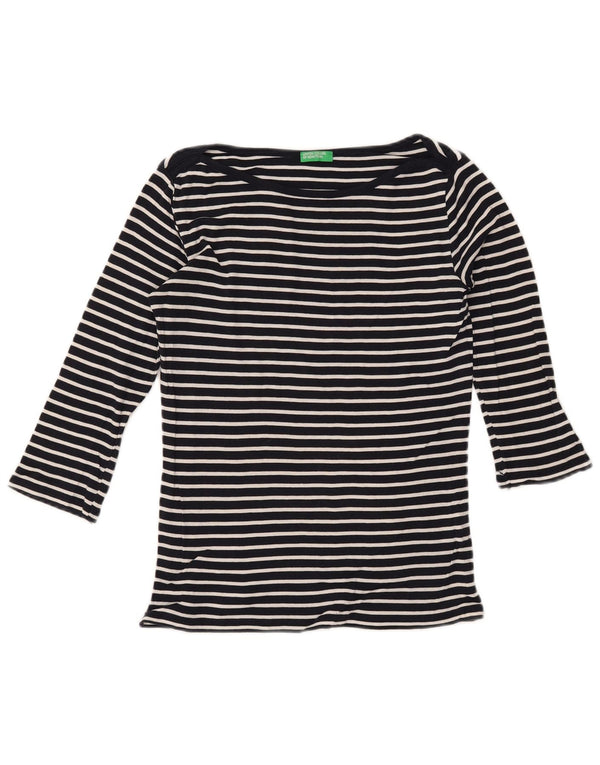 BENETTON Top para mujer manga 3/4 UK 10 Small Algodón a rayas azul marino
