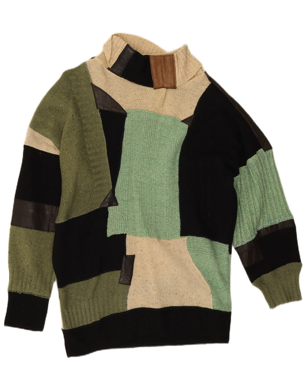 Vintage mujer rollo cuello jersey suéter Reino Unido 14 gran patchwork multicolor
