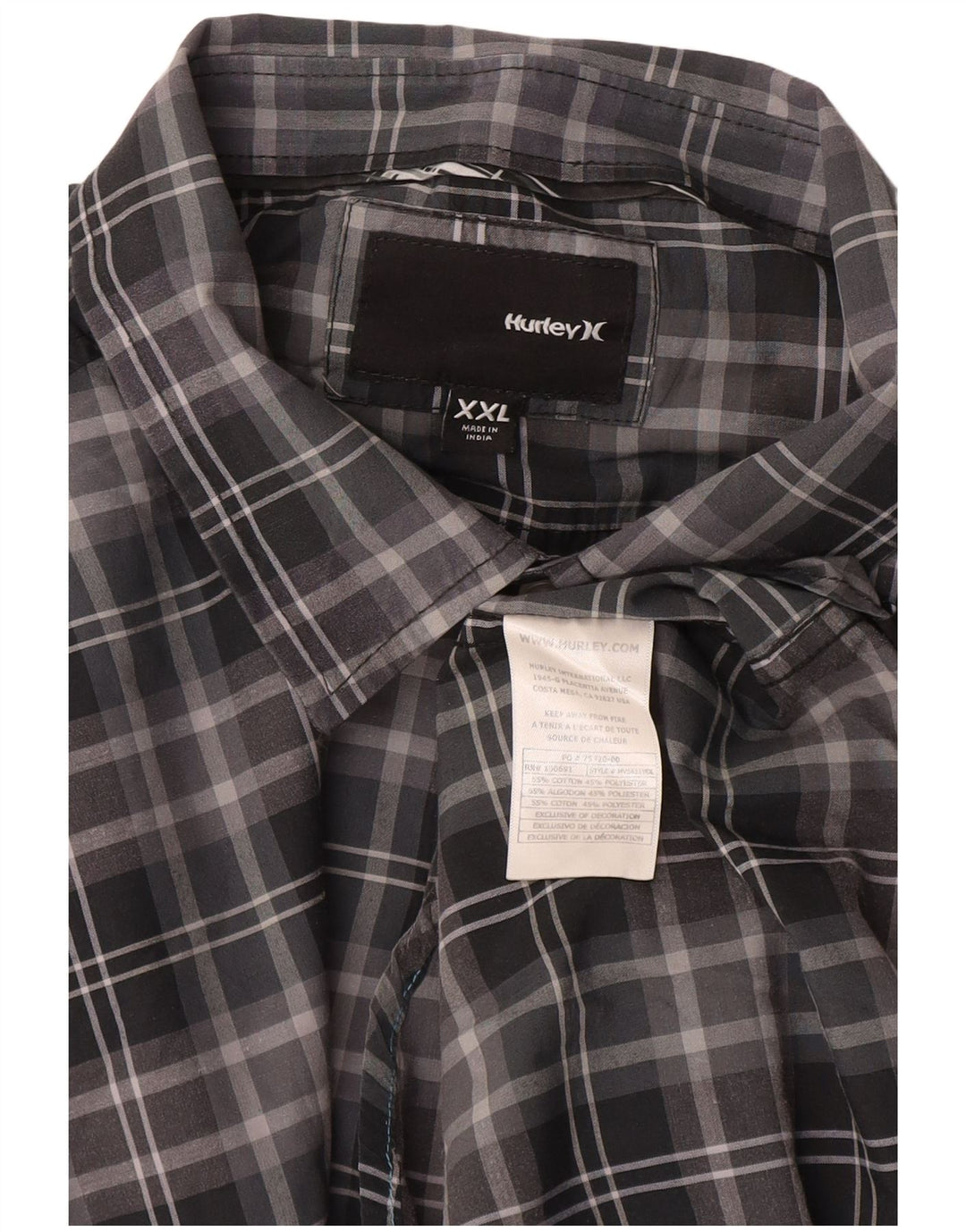HURLEY Camisa de manga corta para hombre 2XL Algodón a cuadros gris