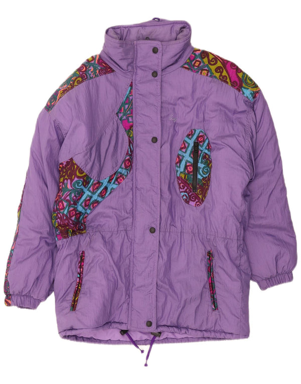 Brugi Chaqueta de esquí acolchada con capucha y ajuste holgado para mujer IT 46 Large Purple Paisley