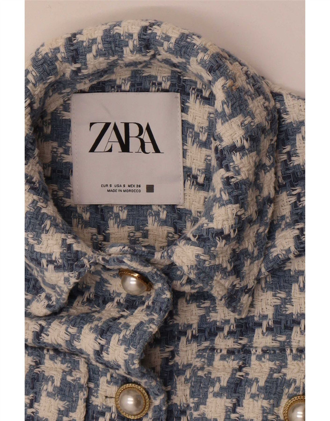 Zara Chaqueta Blazer De 5 Botones Y Manga 3/4 para Mujer UK 10 Small Blue Houndstooth