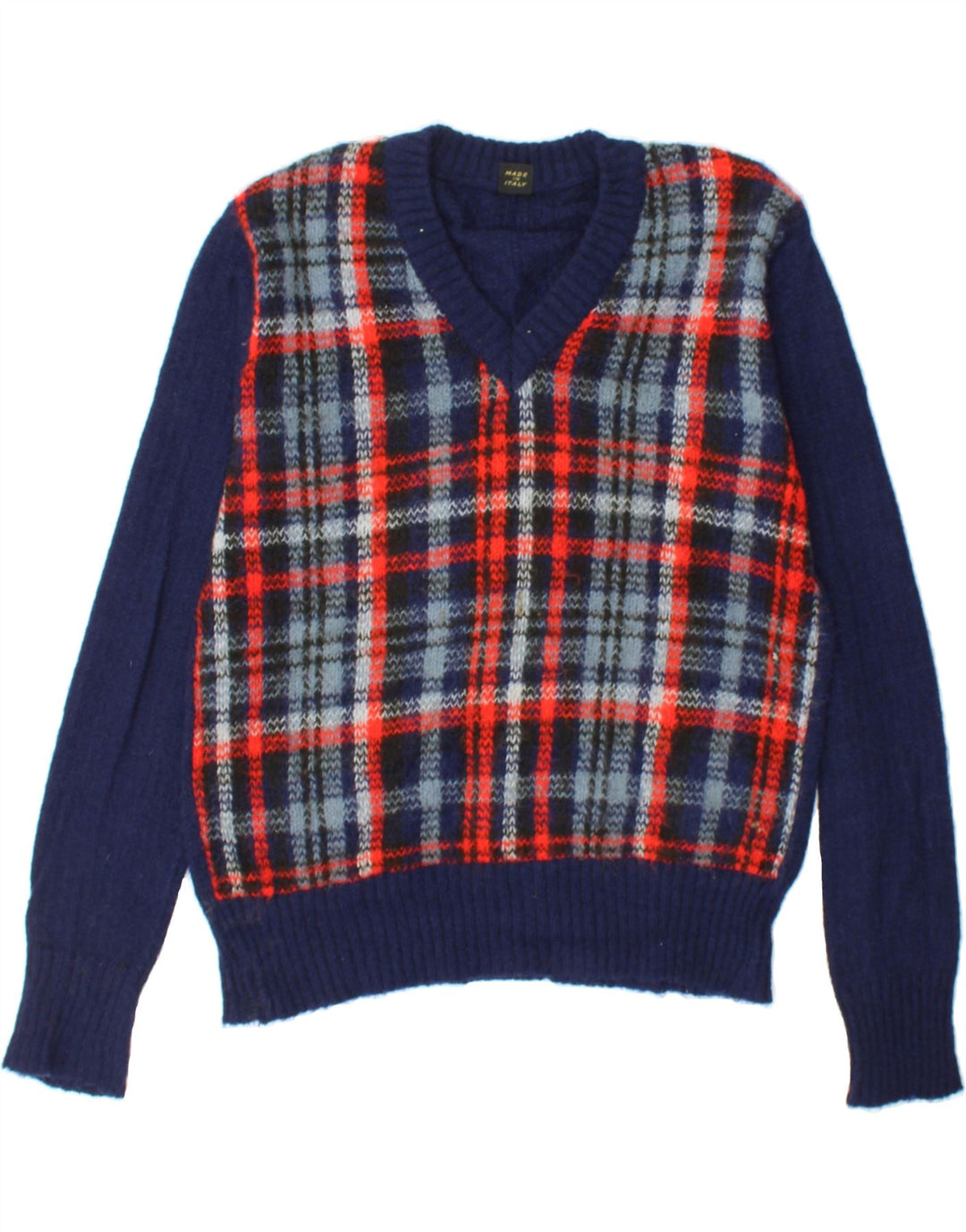 VINTAGE Mens V-Neck Jumper Sweater Medium Navy Blue Check Vintage Vintage and Second-Hand Vintage from Messina Hembry 