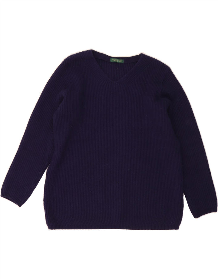 HAWKSHEAD Womens V-Neck Jumper Sweater UK 14 Medium Navy Blue Wool Vintage Hawkshead and Second-Hand Hawkshead from Messina Hembry 