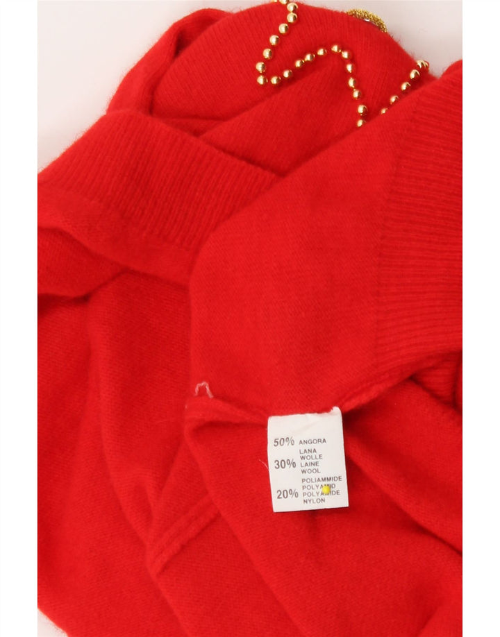 Vintage mujeres patrón abstracto cuello redondo jersey suéter Reino Unido 14 rojo medio