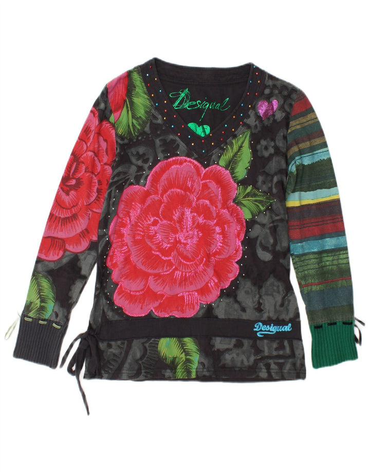 Desigual Mujer Gráfico Top Manga Larga Reino Unido 40 Medio Negro Floral