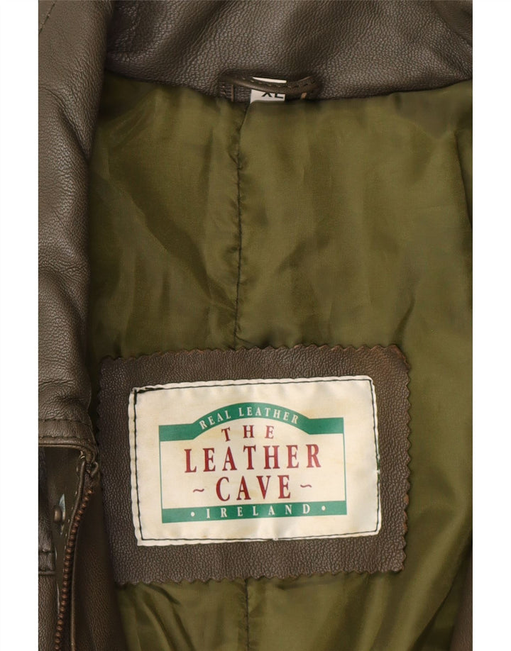 VINTAGE Mens Leather Coat UK 42 XL Khaki Leather