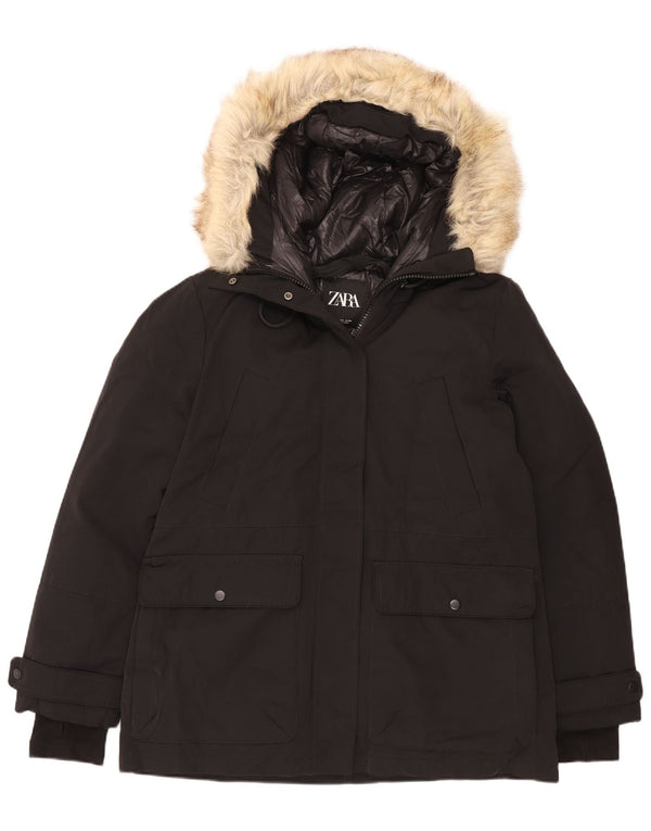 Zara Mujer Chaqueta Acolchada Con Capucha UK 46 Grande Poliéster Negro