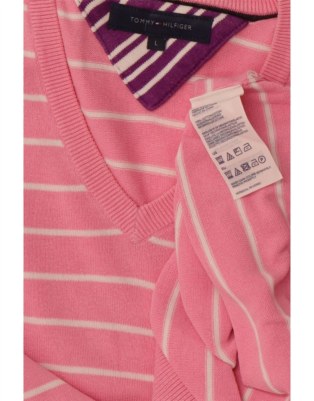 TOMMY HILFIGER Jersey con cuello en V para hombre, jersey grande de algodón a rayas rosa