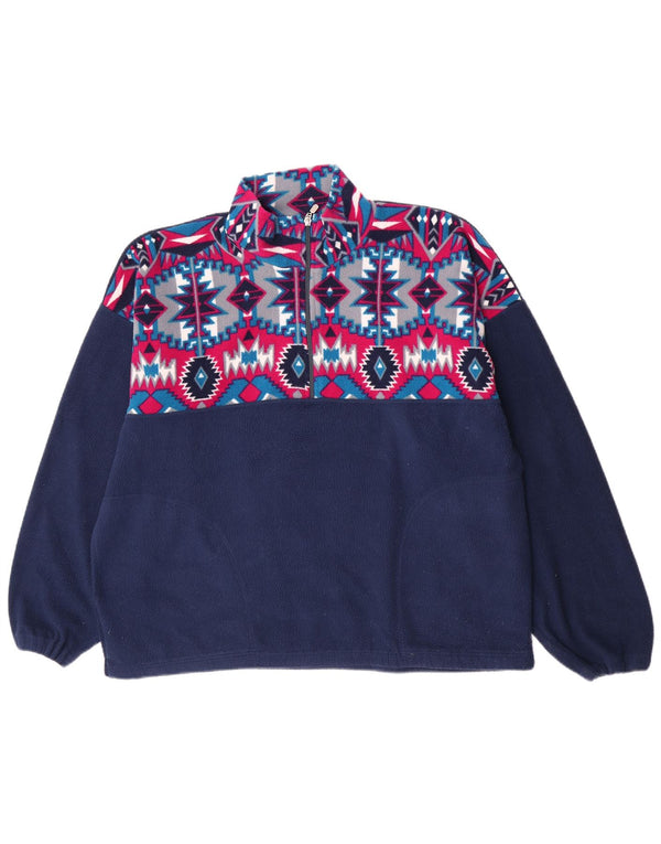 Vintage hombres zip cuello polar jumper XL azul marino geométrico