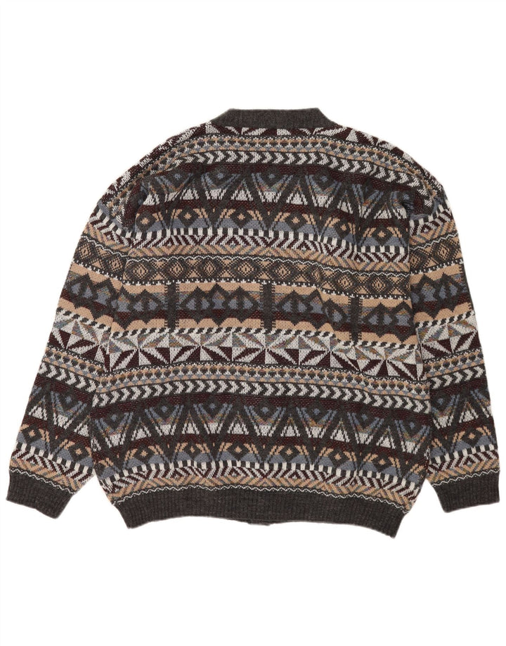 Vintage hombres Cardigan suéter medio gris lana geométrica