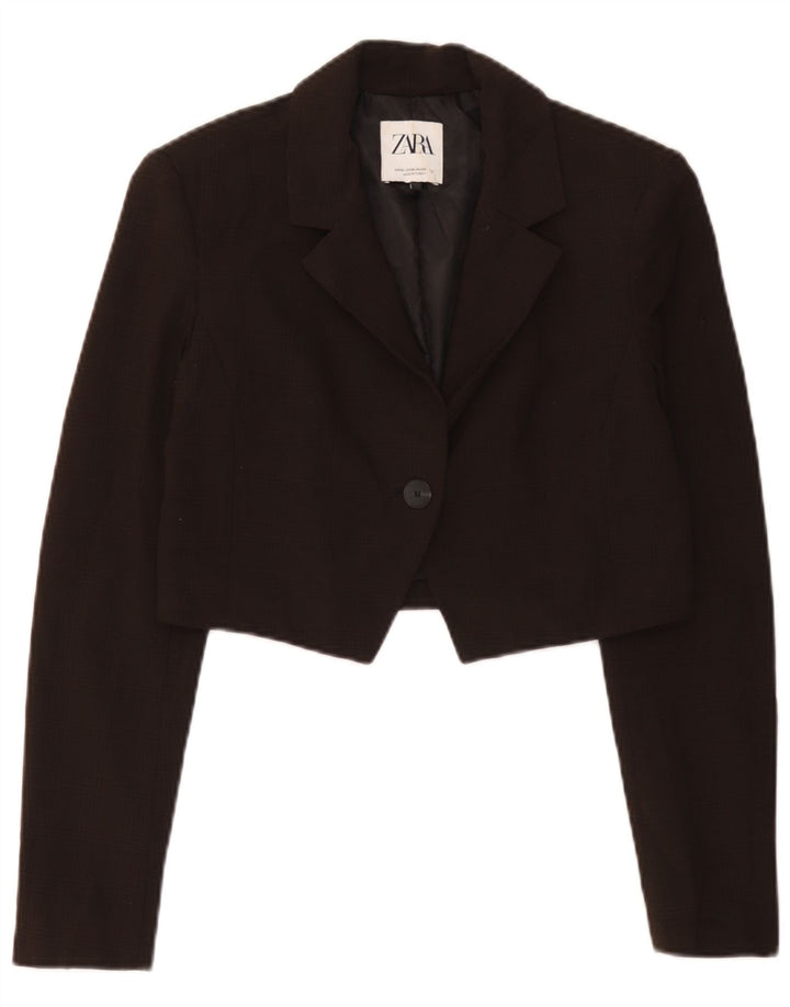 Zara Mujer Crop 1 Botón Blazer Chaqueta UK 6 XS Marrón Pata De Gallo