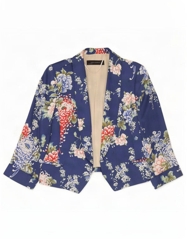 Zara Chaqueta Bolero Abierta Manga 3/4 para Mujer UK 40 Poliéster Floral Azul Pequeño