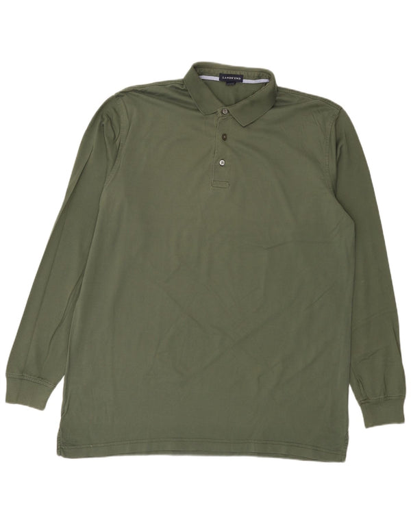 Lands End Polo de manga larga para hombre de algodón verde grande