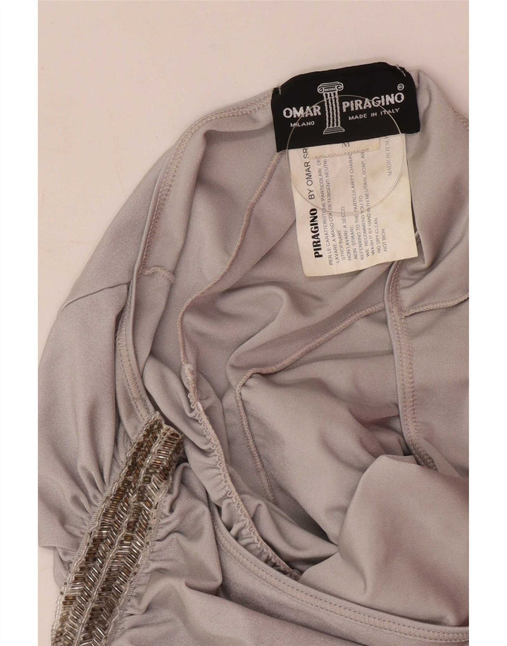 Vintage mujer un hombro vestido Reino Unido 12 medio plata poliamida