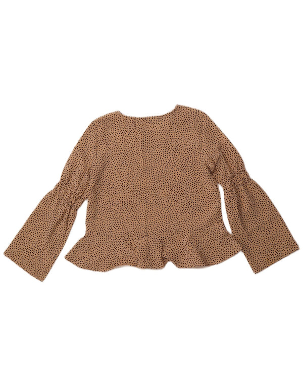 ZARA Mujer Blusa Manga Larga Top UK 10 Small Beige Spotted Poliéster