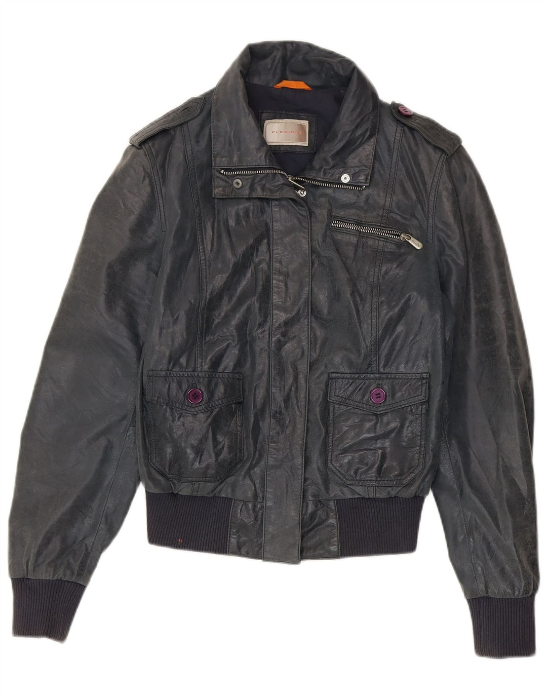 Vintage mujer bombardero chaqueta de cuero IT 46 cuero azul marino grande