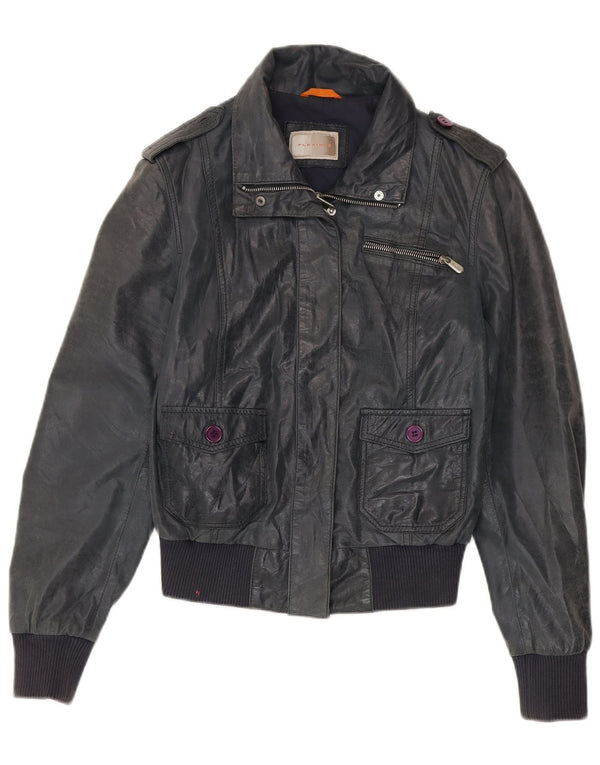 Vintage mujer bombardero chaqueta de cuero IT 46 cuero azul marino grande