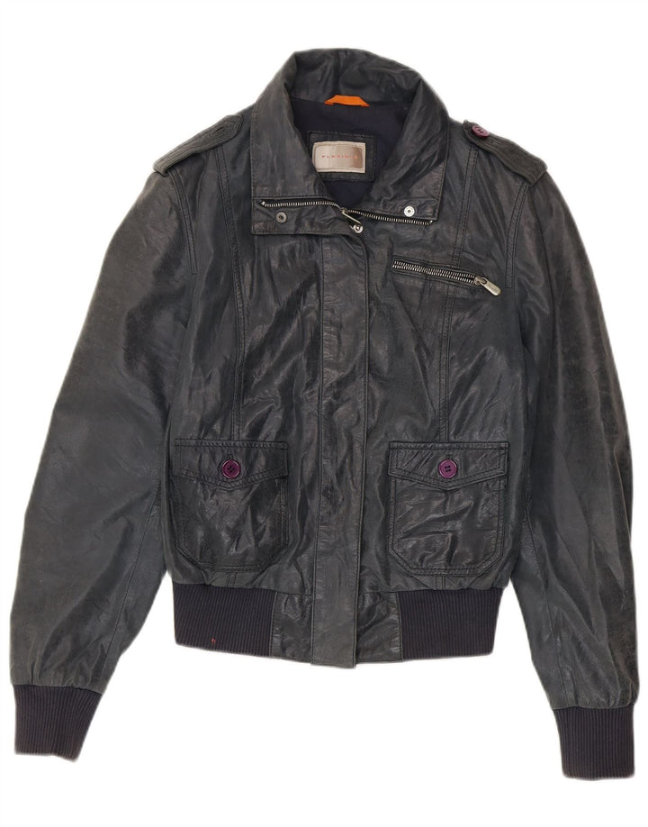 Vintage mujer bombardero chaqueta de cuero IT 46 cuero azul marino grande