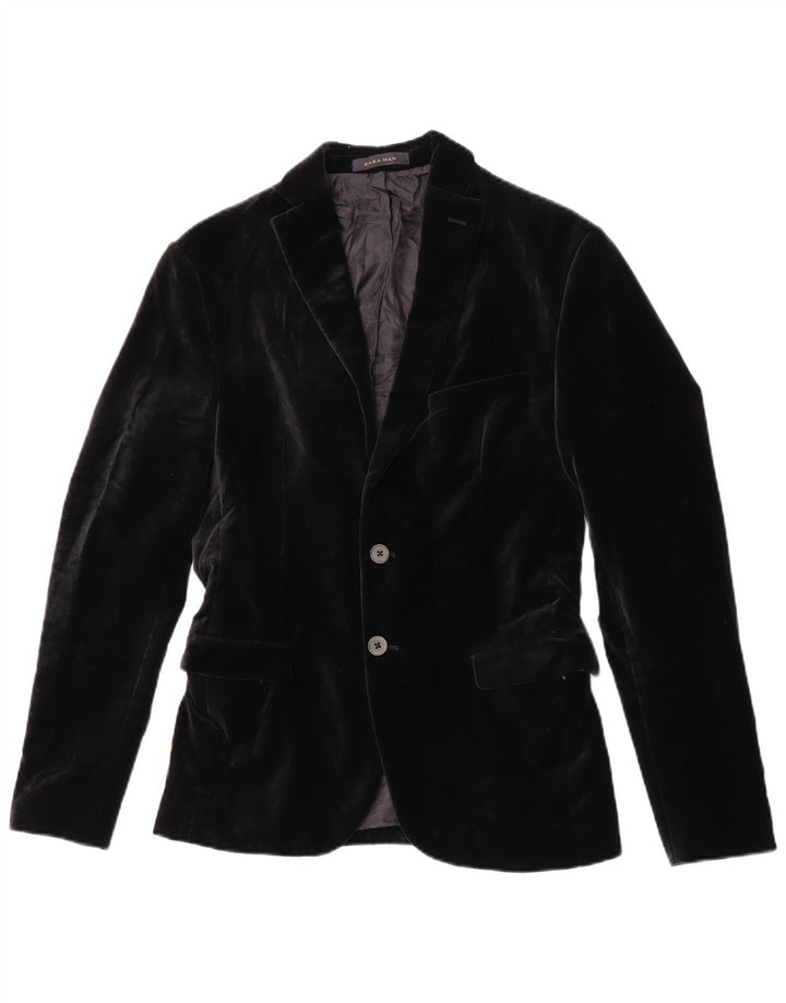 Zara Chaqueta tipo blazer de terciopelo con 2 botones para hombre EU 46 Small Black Cotton