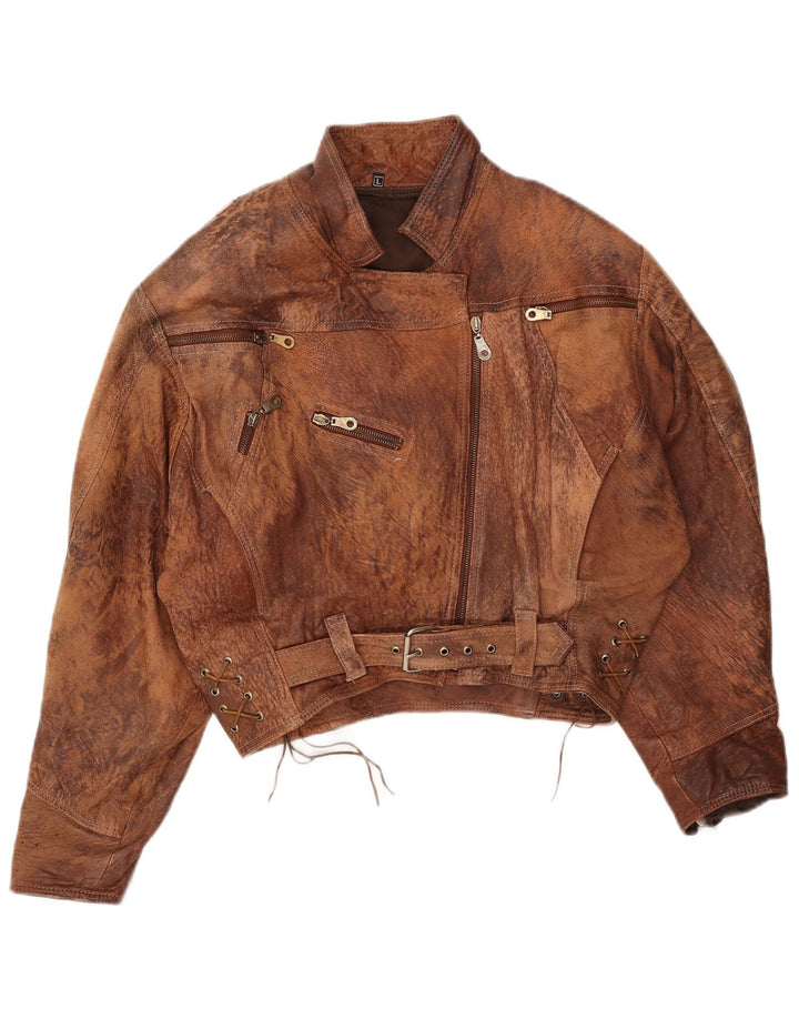 Vintage mujer crop chaqueta de cuero Reino Unido 16 marrón grande