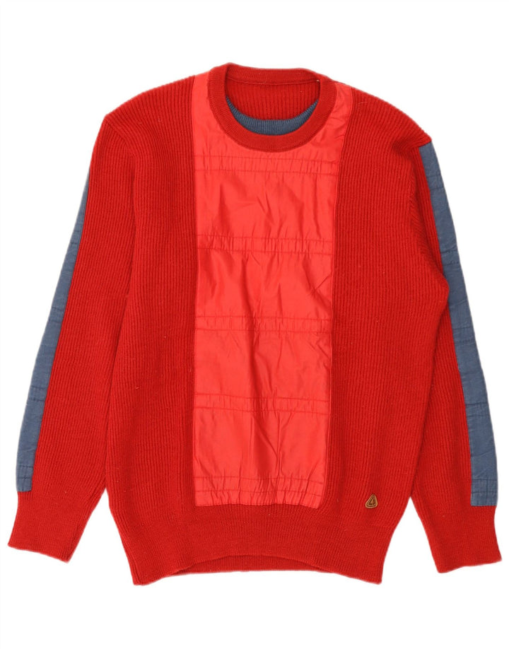 VINTAGE Jersey de cuello redondo para hombre IT 52 Lana roja grande con bloques de color