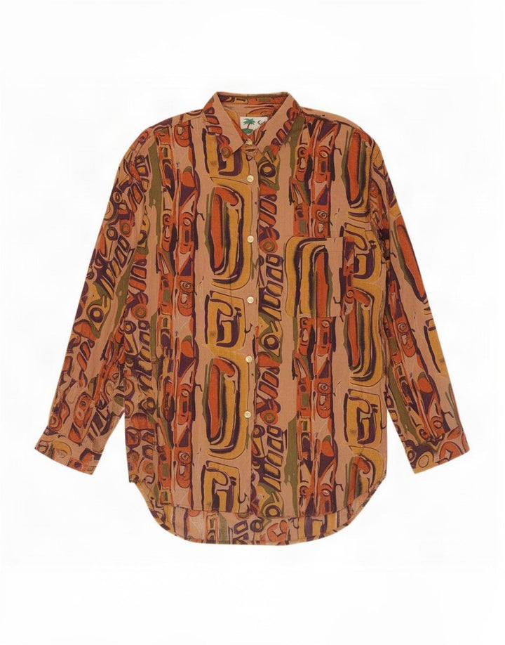 Vintage mujer longline patrón abstracto camisa blusa Reino Unido 14 marrón medio