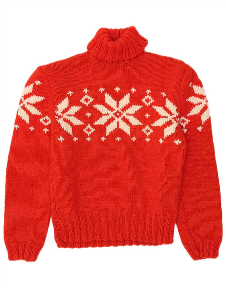 Vintage mujer rollo cuello jersey suéter Reino Unido 12 medio rojo Fair Isle