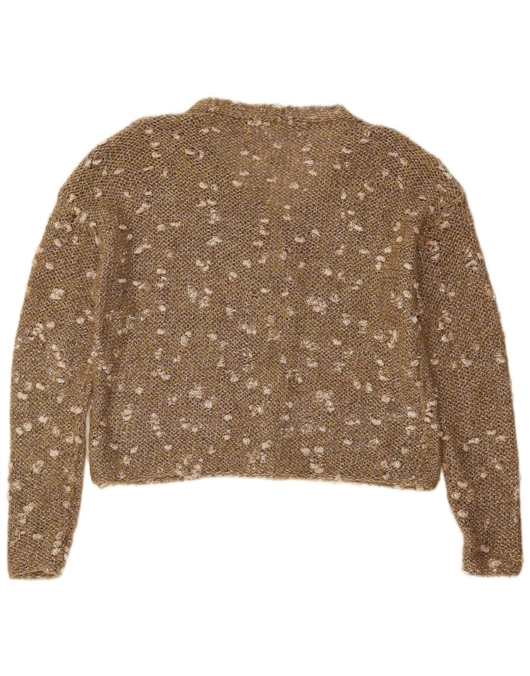 VINTAGE mujer crop crochet cardigan suéter Reino Unido 16 grande marrón moteado