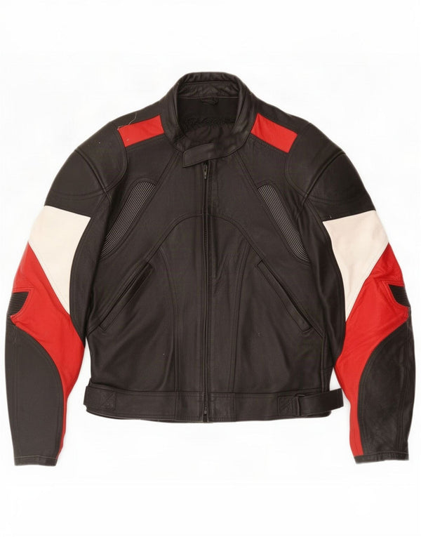 Chaqueta estilo corredor de cuero vintage para mujer UK 40 3XL Bloque de color negro