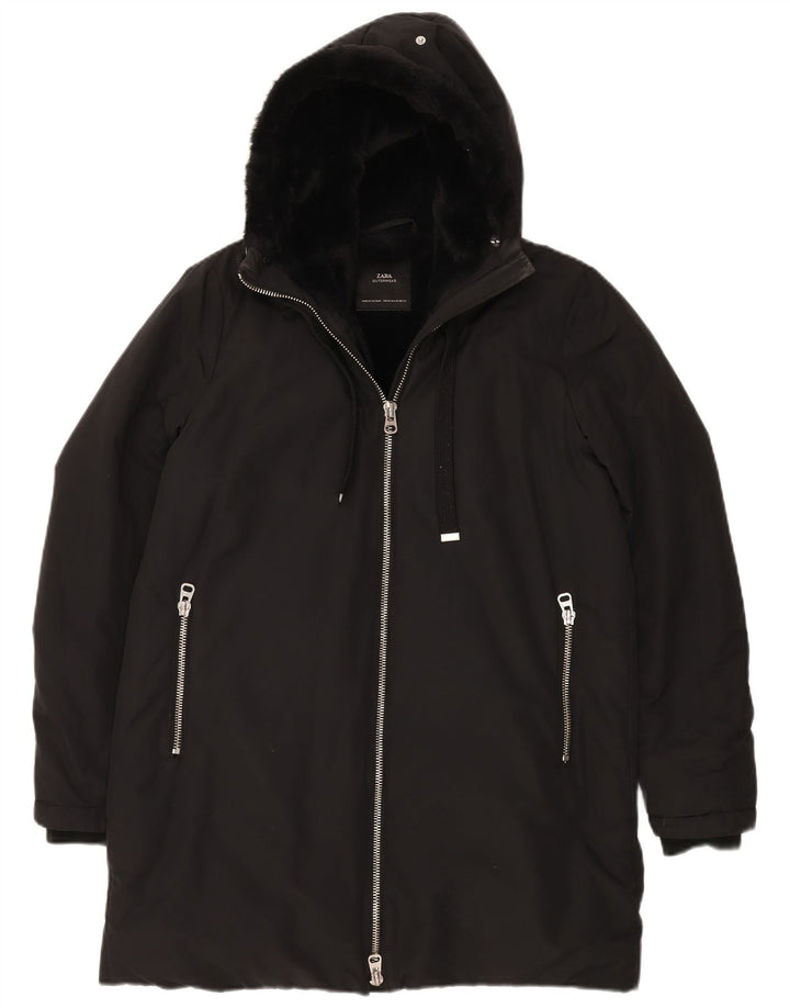 ZARA Abrigo cortavientos Sherpa con capucha para mujer UK 44 Mediano Negro Poliéster