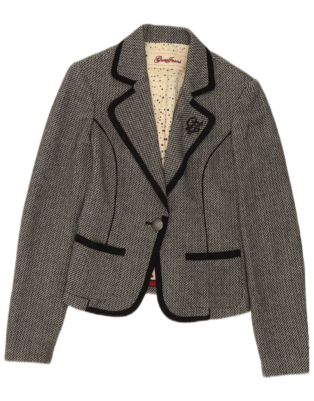 GUESS Womens 1 Button Blazer Jacket UK 12 Medium Black Geometric Cotton