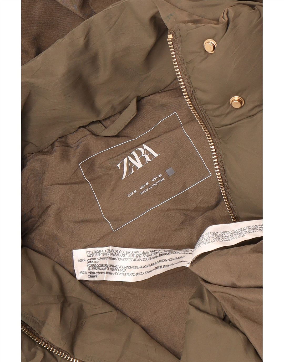 Zara Mujer Chaleco Acolchado Largo Con Capucha UK 44 Poliéster Caqui Mediano