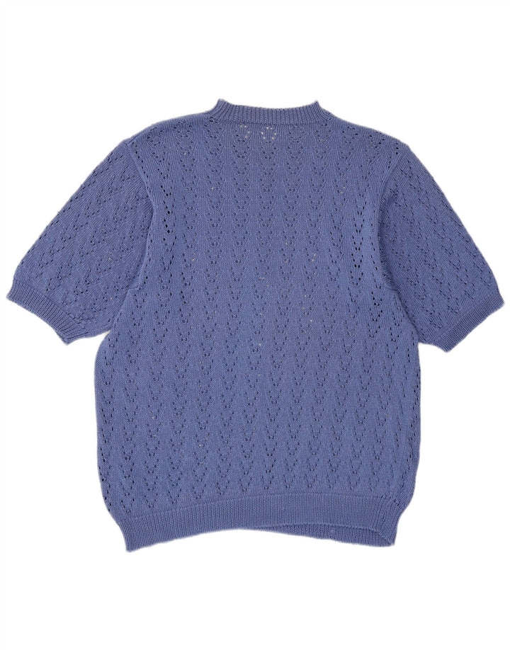 Vintage mujeres ver a través de cuello redondo jersey suéter Reino Unido 14 azul medio