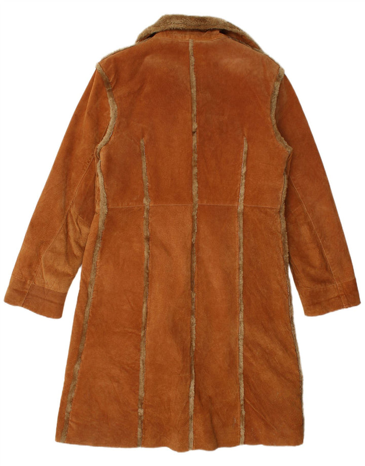 Vintage mujer shearling abrigo Reino Unido 18 XL cuero marrón