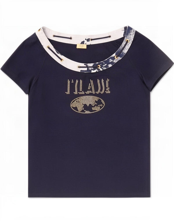 ALVIERO MARTINI Camiseta gráfica para mujer Top UK 20 2XL Azul marino Colorblock