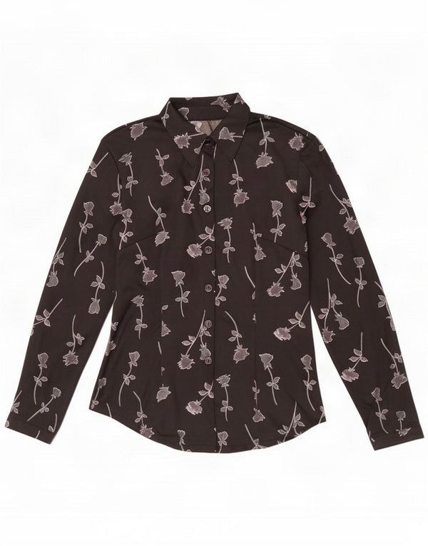 Blusa camisera vintage para mujer UK 42 Mediana Poliéster floral negro