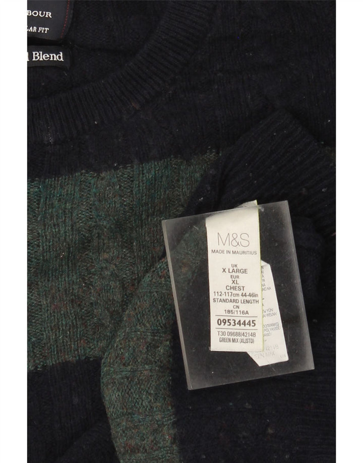 Marks & Spencer Jersey de Cuello Redondo para Hombre XL Lana a Rayas Verde